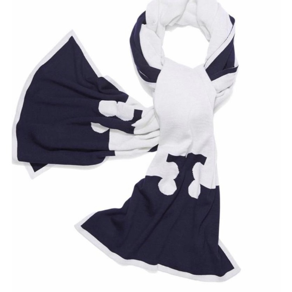 Tory Burch Ivory and Navy Serif T Logo Scarf/Wrap